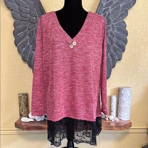 Rosegal Red V-Neck Top with Lace Hem